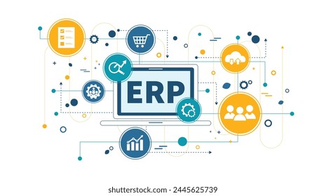 ERP, Business-Lösungen-Ressourcenplanungskonzept. Business, Technologie, Internet und Netzwerk, Softwaresystem für Business Resources Paket vorgestellt. Unternehmen Infografik, Vektorillustration mit Icons.