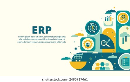 ERP, Enterprise resource planning concept. Business, Technology, Internet and network, software system for business resources plan presented. Businesses infographic, vector illustration with icons.