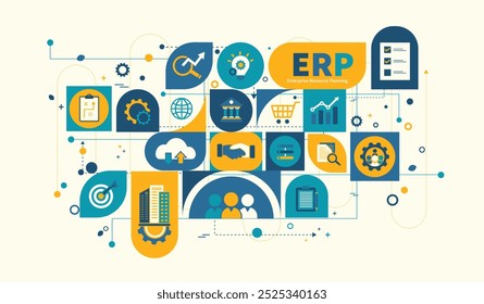 ERP, concepto de planificación de recursos de Empresa. Negocios, Tecnología, Internet y red, sistema de software para el Plan de recursos empresariales presentado. Infografía de negocios, Ilustración vectorial con íconos.