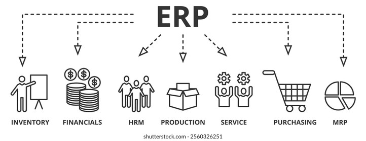 ERP. Enterprise resource planning concept. Banner with keywords and icons