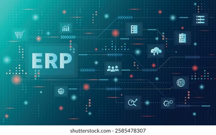 ERP, Enterprise resource planning concept. Business, Technology, Internet and network, software system for business resources plan presented. Businesses infographic, vector illustration with icons.