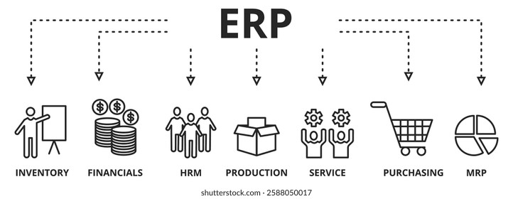 ERP. Enterprise resource planning concept. Banner with keywords and icons