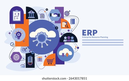 ERP, conceito de empresa, recurso e planejamento. Sistema de rede de negócios, tecnologia e software para o plano de recursos de negócios apresentado.  Infográfico de ilustração de vetor com design plano de ícones.