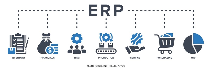 Ícones de conceito do ERP (Enterprise Resource Planning) incluindo inventário, finanças, HRM, produção, serviço, compras e MRP.