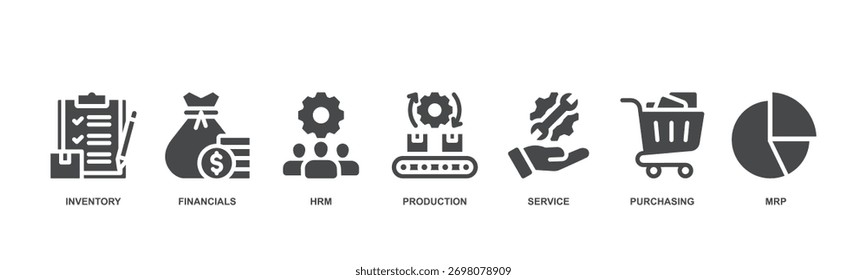 Ícones de conceito do ERP (Enterprise Resource Planning) incluindo inventário, finanças, HRM, produção, serviço, compras e MRP.