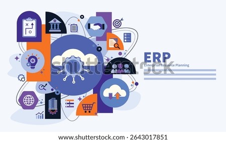 ERP, enterprise, resource and planning concept. Business, technology, and software network system for business resources plan presented.  Vector illustration infographic with icons flat design.