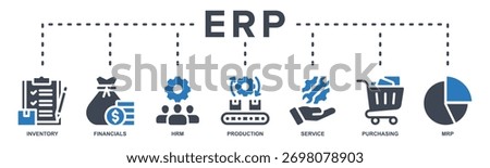 ERP (Enterprise Resource Planning) concept icons including inventory, financials, HRM, production, service, purchasing, and MRP.