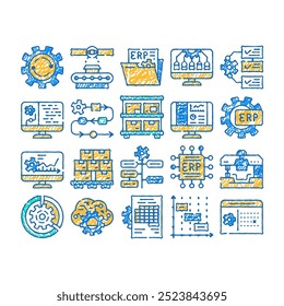 erp enterprise resource planning doodle icons set vetor. esboço linha arte erp processo de trabalho e controle de produção de mercadorias, intervalos de tempo e prazo, relatório sistema contorno ilustrações