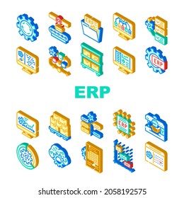 Vector De Juego De Iconos De Planificación De Recursos Empresariales Erp. Proceso De Trabajo Erp Y Control De Producción De Bienes, Intervalos De Tiempo Y Plazo, Sistema De Presentación De Informes E Isometric Sign Color Illustrations