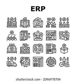 Erp Enterprise Resource Planning Icons Set Vector. Erp Manufacturing Processing And Production, Planning Strategy And Management Tasks, Development Software And App Black Contour Illustrations