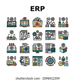 Erp Enterprise Resource Planning Icons Set Vector. Erp Manufacturing Processing And Production, Planning Strategy And Management Tasks, Development Software And App Line. Color Illustrations