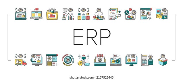 Erp Enterprise Resource Planning Icons Set Vector. Erp Manufacturing Processing And Production, Planning Strategy And Management Tasks, Development Software And App Line. Color Illustrations