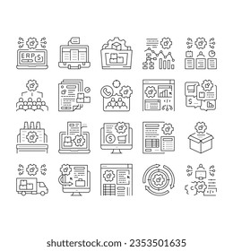 Erp Enterprise Resource Planning Icons Set Vector. Erp Manufacturing Processing And Production, Planning Strategy And Management Tasks, Development Software And App Black Contour Illustrations