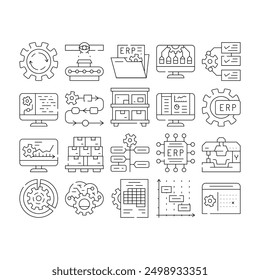 Erp Enterprise Resource Planning Icons Set Vector. Erp Working Process And Goods Production Control, Time Intervals And Deadline, Reporting System And Organization Contour Illustrations