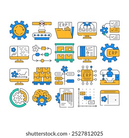 Definição De Vetor De Ícones Do Erp Enterprise Resource Planning. Processo De Trabalho Erp E Controlo Da Produção De Mercadorias, Intervalos De Tempo E Prazos, Sistema De Informação E Ilustrações Do Contorno Da Organização