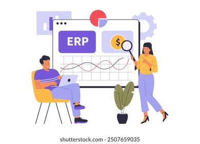 ERP Enterprise resource planning illustration concept, productivity and company enhancement. Illustration for websites, landing pages, mobile applications, posters and banners.