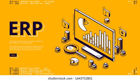 ERP, enterprise resource planning isometric landing page. Productivity and improvement system, data analysis charts on pc monitor, business integration 3d vector illustration, web banner, line art