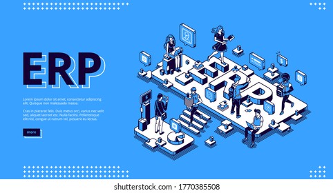 ERP, enterprise resource planning isometric landing page. Productivity and improvement system, data analysis business integration concept, business people work in office 3d vector line art web banner