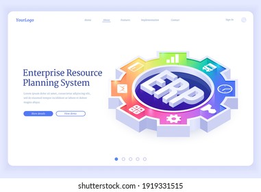 ERP, Enterprise Resource Planning Isometric Landing Page. Productivity And Improvement System Development, Business Integration, Strategy, Office Icons On Huge Cogwheel Or Gear 3d Vector Web Banner