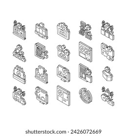 Erp Enterprise Resource Planning isometric icons set. Erp Manufacturing Processing And Production, Planning Strategy And Management Tasks, Development Software And App Line. Color .