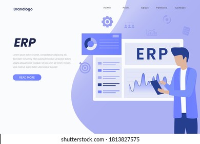 ERP Enterprise resource planning landing page illustration, productivity and company enhancement. Illustration for websites, landing pages, mobile applications, posters and banners.