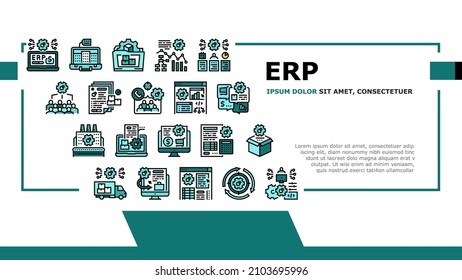 Erp Enterprise Resource Planning Landing Web Page Header Banner Template Vector. Erp Manufacturing Processing And Production, Planning Strategy Management Tasks, Development Software And App