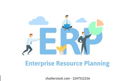 ERP, enterprise resource planning. Productivity and improvement. Concept table with people, letters and icons. Colored flat vector illustration on white background.