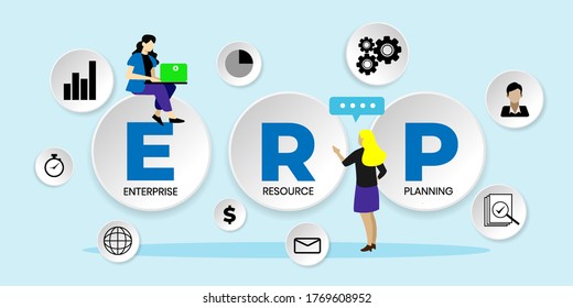 ERP, Enterprise Resource Planning. Productivity And Improvement Concept, Can Use For, Landing Page, Template, Ui, Web, Mobile App, Poster, Banner, Flyer