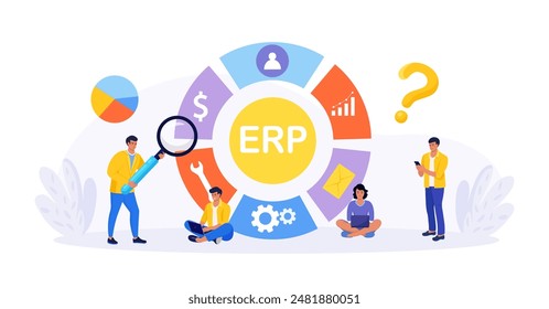 ERP Enterprise resource planning, productivity and company enhancement. Business integration, productivity and company enhancement. Business character consulting of financial operation