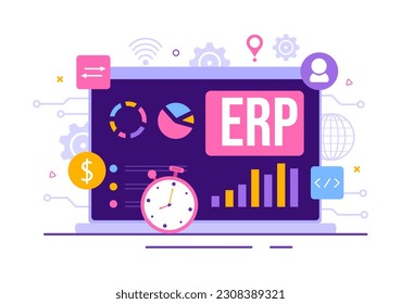 ERP Enterprise Resource Planning System Vector Illustration with Business Integration, Productivity and Company Enhancement in Hand Drawn Templates