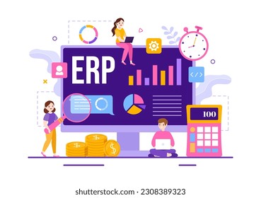 ERP Enterprise Resource Planning System Vector Illustration with Business Integration, Productivity and Company Enhancement in Hand Drawn Templates