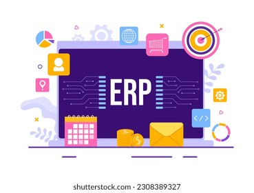 ERP Enterprise Resource Planning System Vector Illustration with Business Integration, Productivity and Company Enhancement in Hand Drawn Templates