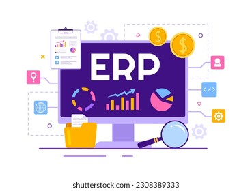 ERP Enterprise Resource Planning System Vector Illustration with Business Integration, Productivity and Company Enhancement in Hand Drawn Templates