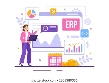 ERP Enterprise Resource Planning System Vector Illustration with Business Integration, Productivity and Company Enhancement in Hand Drawn Templates