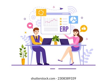Ilustración del vector del sistema de planificación de los recursos empresariales de ERP con integración empresarial, productividad y mejora de la empresa en plantillas de mano