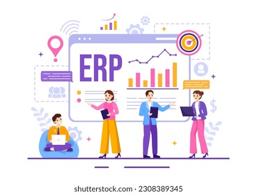 ERP Enterprise Resource Planning System Vector Illustration with Business Integration, Productivity and Company Enhancement in Hand Drawn Templates