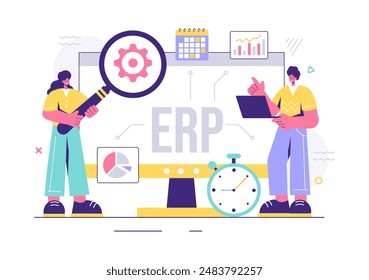 ERP Enterprise Resource Planning System Vector Illustration with Business Integration, Productivity, and Company Enhancement on a Flat Background