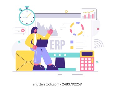 ERP Enterprise Resource Planning System Vector Illustration with Business Integration, Productivity, and Company Enhancement on a Flat Background