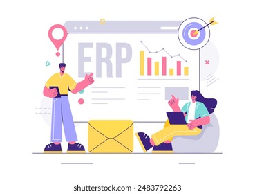 ERP Enterprise Resource Planning System Vector Illustration with Business Integration, Productivity, and Company Enhancement on a Flat Background