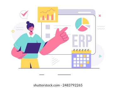 ERP Enterprise Resource Planning System Vector Illustration with Business Integration, Productivity, and Company Enhancement on a Flat Background