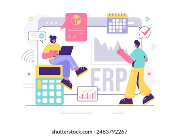 ERP Enterprise Resource Planning System Vector Illustration with Business Integration, Productivity, and Company Enhancement on a Flat Background