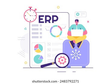 ERP Enterprise Resource Planning System Vector Illustration with Business Integration, Productivity, and Company Enhancement on a Flat Background