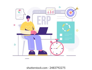 ERP Enterprise Resource Planning System Vector Illustration with Business Integration, Productivity, and Company Enhancement on a Flat Background