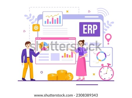 ERP Enterprise Resource Planning System Vector Illustration with Business Integration, Productivity and Company Enhancement in Hand Drawn Templates