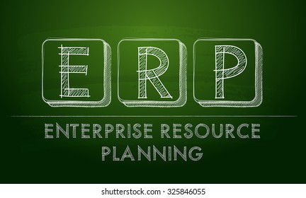 erp, enterprise resource planning systems - chalk text over black board, business concept, vector