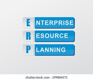 ERP - enterprise resource planning - text in blue banners, flat design, business systems concept, vector
