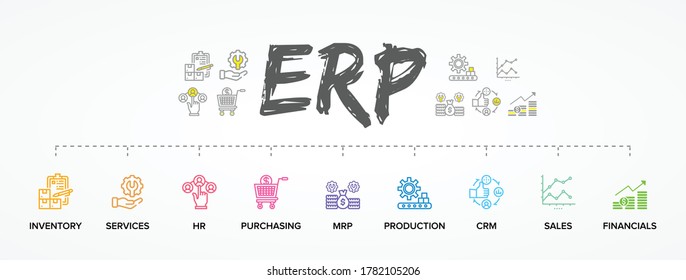 ERP - Enterprise Resource Planning Vector Structure/ Module/ Workflow Icon Construction Concept On Chalkboard Background