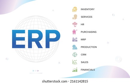 ERP - Enterprise Resource Planning Vector Structure, Module, Workflow Icon Construction Concept Infographics