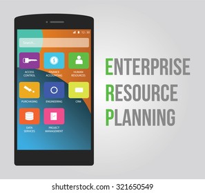 Erp - Enterprise Resource Planning Vector Flat Design Smartphone And Mobile