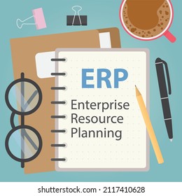 ERP Enterprise Resource Planning written in spiral note, flat lay composition- vector illustration